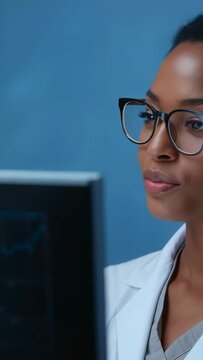 Vertical video: Seeing ECG waveform, Dr in lab coat and glasses, speaking, pausing at monitor