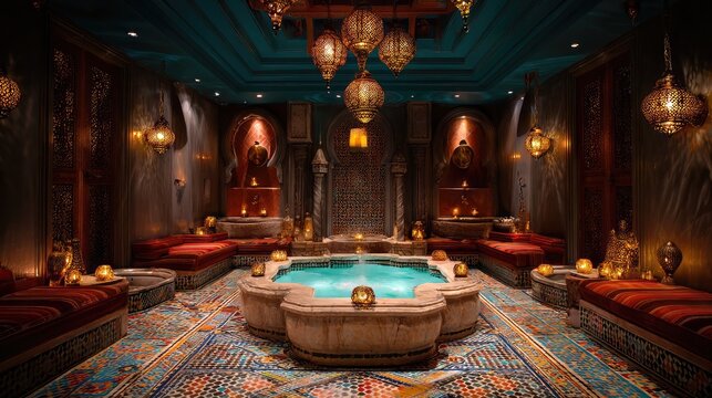 Luxurious empty moroccan hammam interior with turquoise hot tub, red striped couches and golden arabic lanterns glowing on ornate mosaic floor and arches, concept of exotic spa relaxation