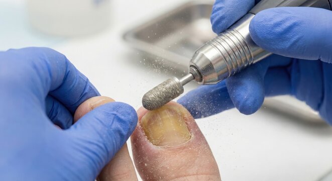 Podiatrist debriding fungal toenail with electric file