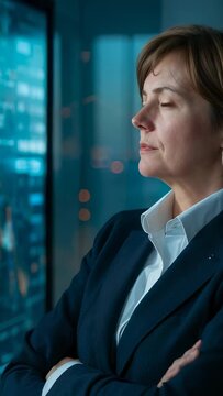 Vertical video: Glowing wall urging exec scanning charts closing eyes after review at office blazer