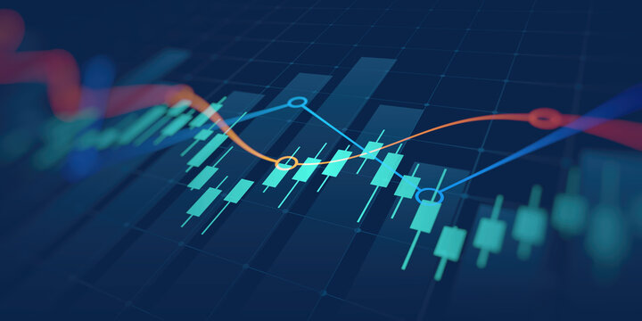 financial chart with uptrend line candlestick graph in stock market on blue color background