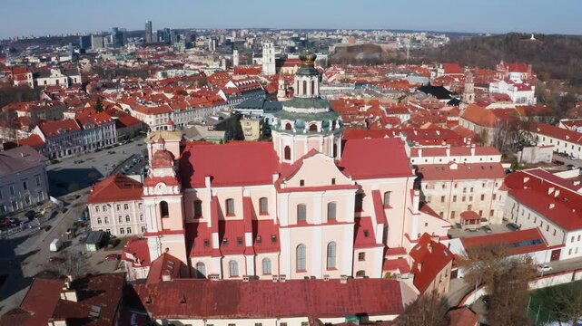 Aerial drone shot of Church of St. Casimir in Vilnius Old Town, Lithuania