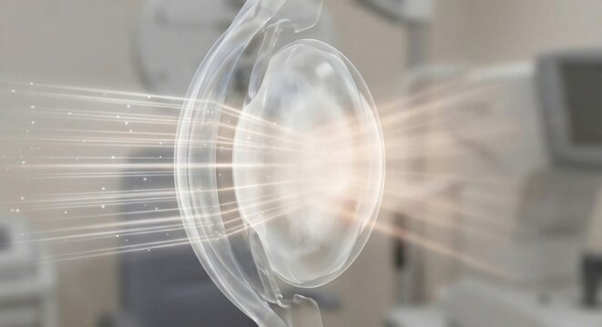 Human eye lens with cataract clouding and light rays