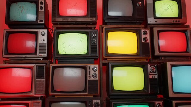 Stacked vintage TVs with colorful screens
