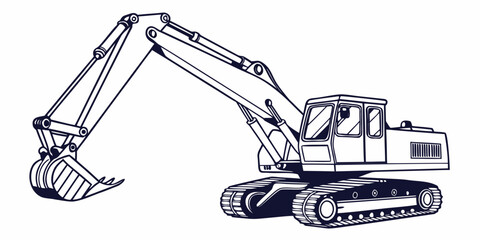 A black line drawing of an excavator on a, showing its arm and bucket extended © Murad