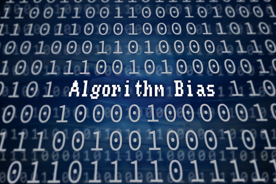 Digital ethics concept showing a pixelated Algorithm Bias title over a blue binary background with skewed data scales and unevenly weighted neural network connections.