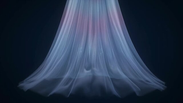 Medium shot of an ethereal translucent veil with glowing particles waving gracefully against a dark blue background