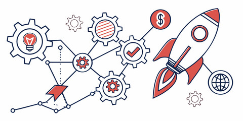 A rocket ship with gears and symbols for business growth and development © Murad