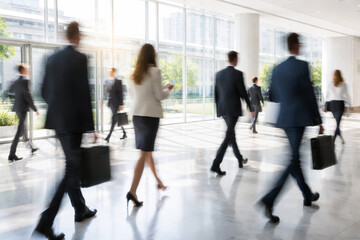 Fototapeta premium Busy professionals walking through modern office building lobby