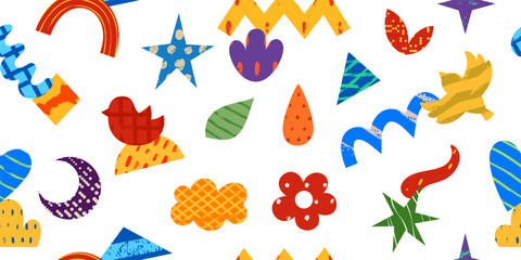 Naklejka premium Paper cut out shapes with various crayon patterns, abstract vector seamless pattern design, kids scrap art collage