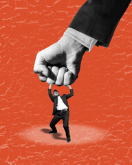 Surreal collage showing a giant hand squeezing a tiny businessman. Concept of business pressure,...