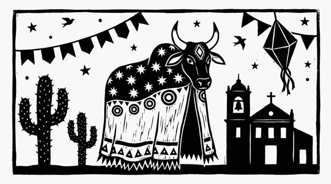 Brazilian Folklore Bumba Meu Boi Woodcut Illustration, Festa Junina Cultural Art with Church and Cactus in Xylography Style