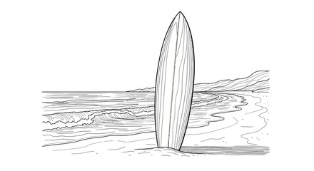 A detailed black and white line art illustration of a surfboard standing upright on a sandy beach. © dailystock