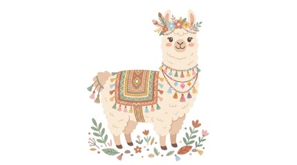 Colorful Llama with Floral Crown Illustration 1.