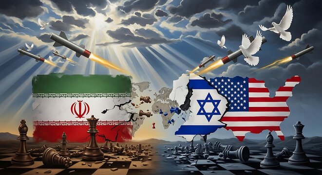 global geopolitical tension concept with iran vs israel and united states flags, missiles and chessboard strategy illustration.