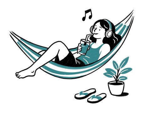 Mujer joven tomando un jugo en un vaso, escuchando musica y a la vez descansando en una hamaca