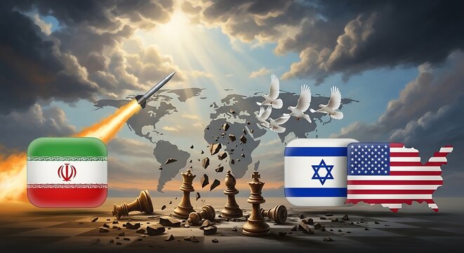 global geopolitical tension concept with iran vs israel and united states flags, missiles and chessboard strategy illustration.