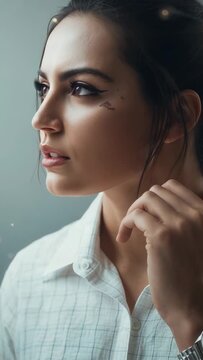 Vertical video: Cam on, model lifting gaze, turning right, posing in studio with white shirt, watch