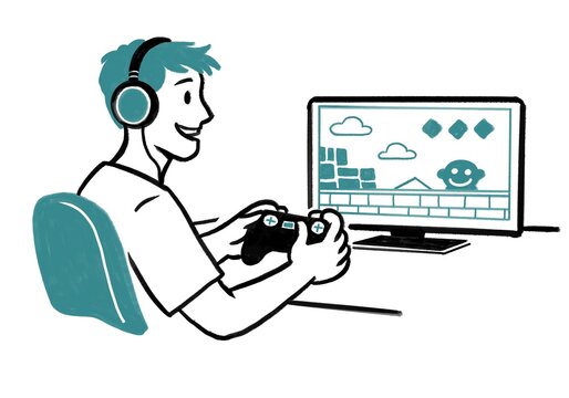 Hombre adolescente jugando un videojuego mientras escucha m&uacute;sica con sus aud&iacute;fonos