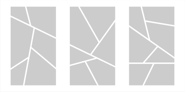 Image collage layout template. Grey mosaic mood board grid collection. Picture frame set. Photo album idea for banner, poster, comic page, flyer, brochure, booklet, memory wall design. Vector pack