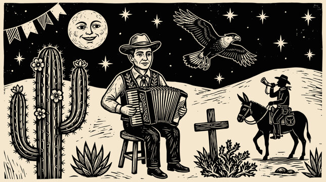 Brazilian Folk Art Woodcut Illustration of a Man Playing Accordion in a Desert Landscape with Moon and Stars - Cordel Style Engraving
