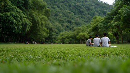 Naklejka premium Three young people sitting on lush green grass in a serene natural landscape enjoying a peaceful outdoor moment