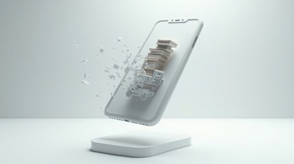 Levitating smartphone with online bookstore cart in white studio, virtual books and particle effects, surreal hyper-detailed 3D render. (99 characters)