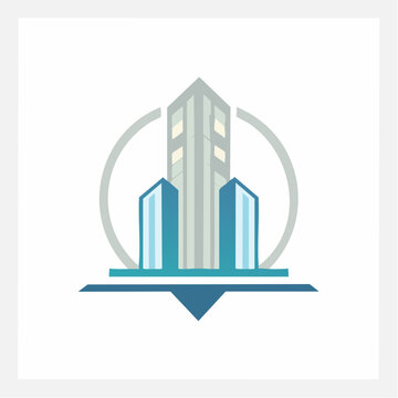 Modern architectural design of skyscraper buildings within a circular emblem