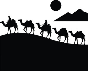Minimalist black vector silhouette of a nomad camel caravan walking across hot Sahara desert sand dunes, representing traditional Middle Eastern travel and Arabian safari adventures. © Shafi Ullah
