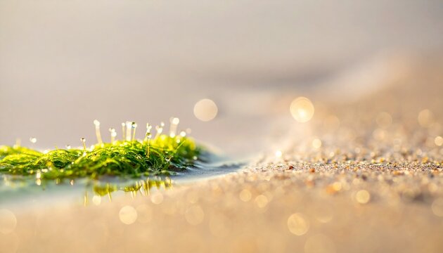 Waves gently meet the sandy shore. Lines of foam and shallow water create flowing patterns, while small patches of green seaweed appear along the shore, creating a miniature landscape effect