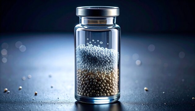 A small glass vial containing colorful microbeads and liquid. Tiny bubbles float in the solution, suggesting a pharmaceutical, chemical, or biotechnology experiment
