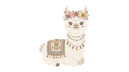 Fototapeta premium Colorful Llama with Floral Headband and Blanket 1.