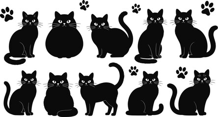 Stylized black cat silhouettes with playful paw prints, unique feline postures, decorative vector illustration for Halloween, pets, animal art, whimsical design, creative stock graphic © MdNoor