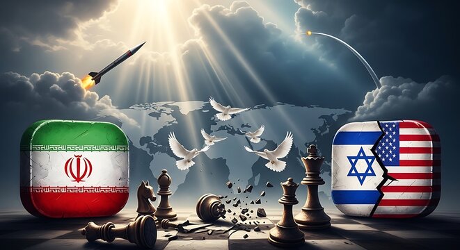 global geopolitical tension concept with iran vs israel and united states flags, missiles and chessboard strategy illustration.