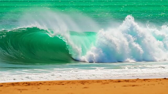 Large ocean wave crashing on sandy beach