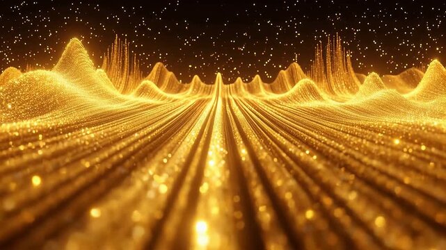Golden abstract wave pattern with glowing dots
