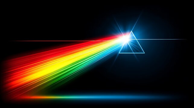 Striking visual representation of white light separating into a brilliant rainbow spectrum passing through a glowing triangular prism against a dark background suggesting science or music.
