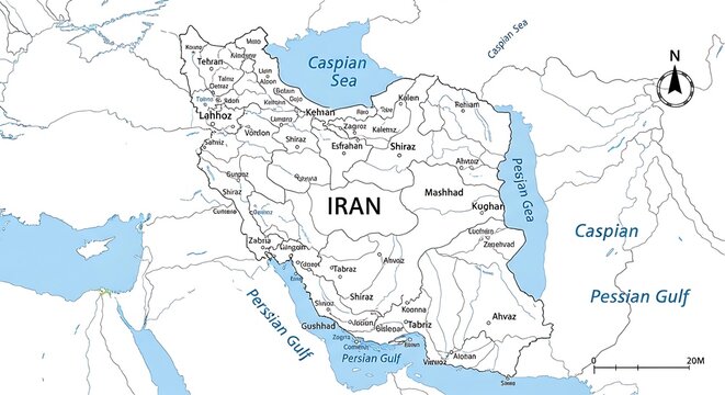 detailed map of iran with major cities, caspian sea and persian gulf. geographic illustration.
