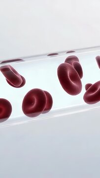 Vertical video: Flowing red blood cells tumbling and rotating inside clear tube, with highlights
