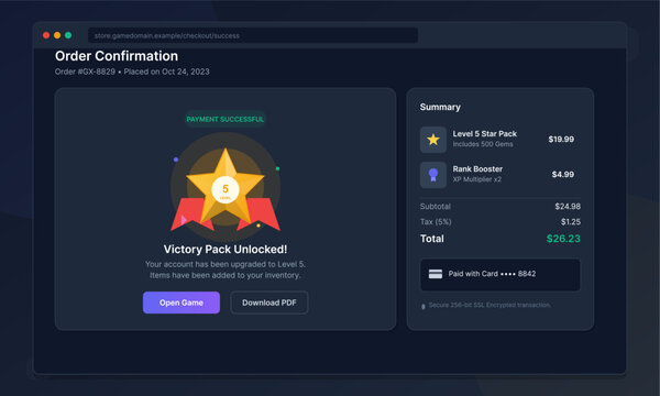 Digital order confirmation screen for a gaming store showing a