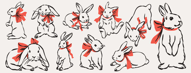 Fototapeta na wymiar Easter doodle stickers, spring holiday decorative prints set. Hand drawn cute bunnies with red bow and ribbons decoration art collection. Whimsical badge, seasonal animal for dinner invitation card.
