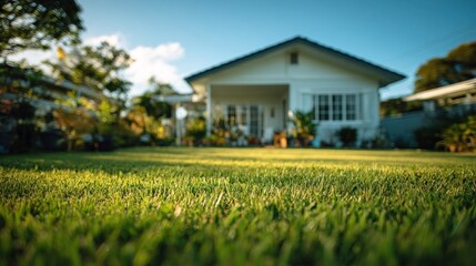 Lawn sits in front of a house under a sunny sky. The background is blurred, highlighting the grass and flowers in the yard