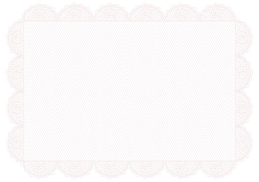 White whimsical lace doily frame or retro border. Rectangle horizontal vintage elegant shape decorated with whimsy lines, squiggles. Top view cover for banner, wedding invitation and social media.