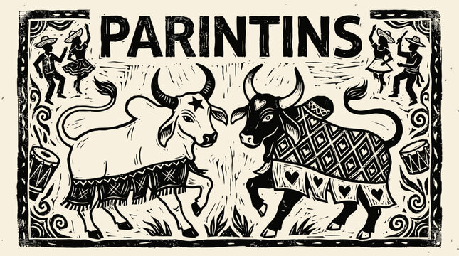 Traditional Parintins Folklore Festival Illustration in Brazilian Woodcut Cordel Style Featuring Iconic Bulls, Dancers and Drums