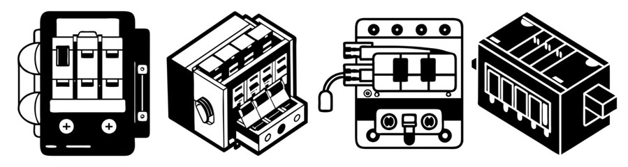 Black and white electronic circuit components set with motherboard, microchip, and connectors for tech design and engineering projects