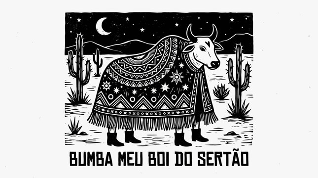 Bumba Meu Boi do Sert&atilde;o Illustration in Traditional Brazilian Cordel Woodcut Style with Ox and Desert Landscape at Night