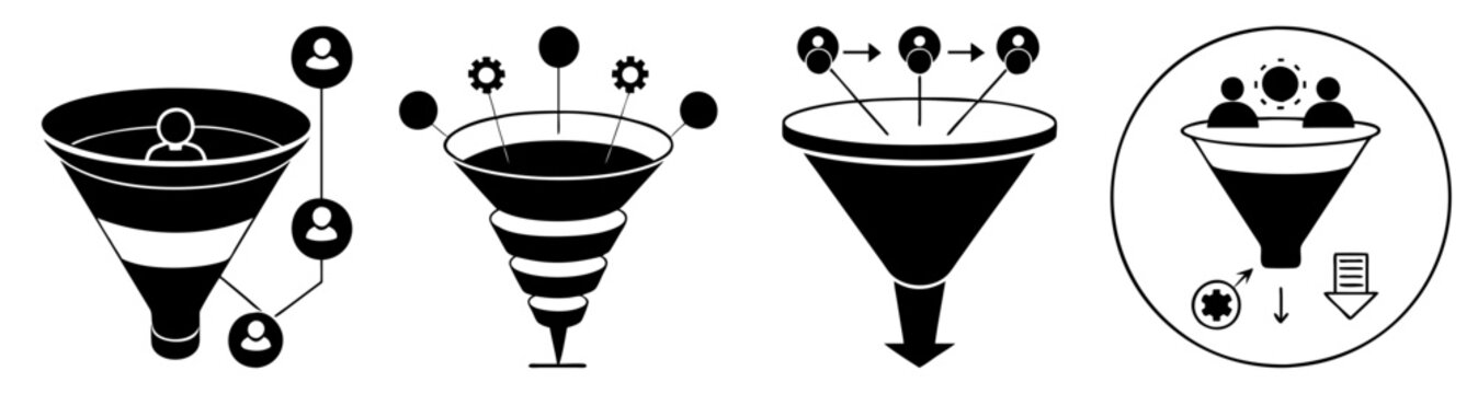 Black and white funnel icons with arrows and circles for business growth and marketing strategy vector illustration