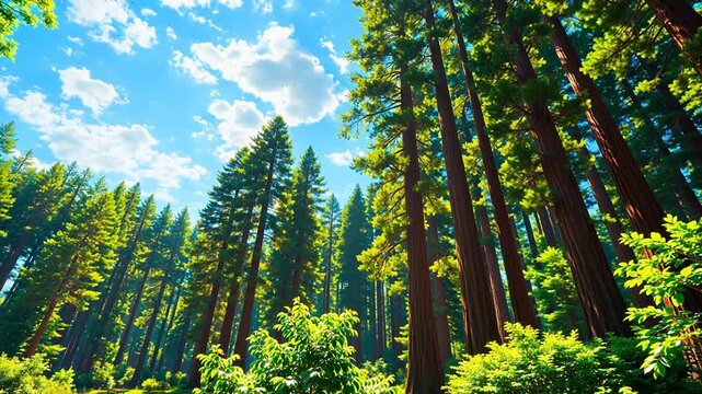 Tall trees in a forest with blue sky