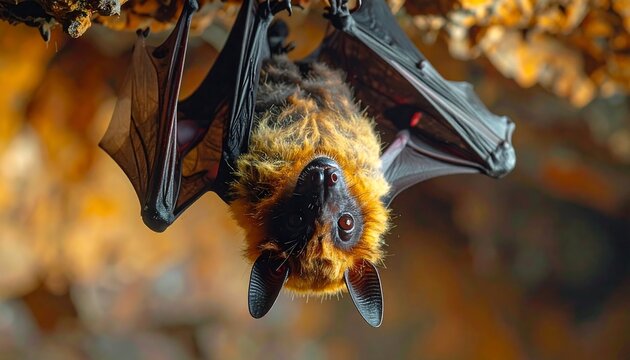 Close-up of a bat hanging upside down in a tree.