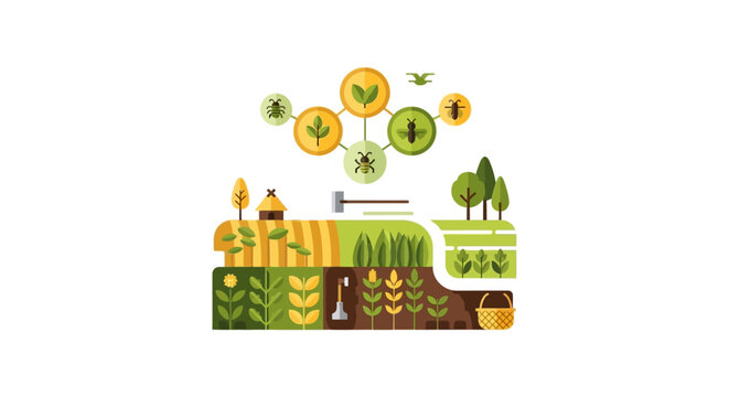 Modern Flat Design Illustration of Sustainable Farming, Integrated Pest Management (IPM), Crop Protection, and Agricultural Ecology